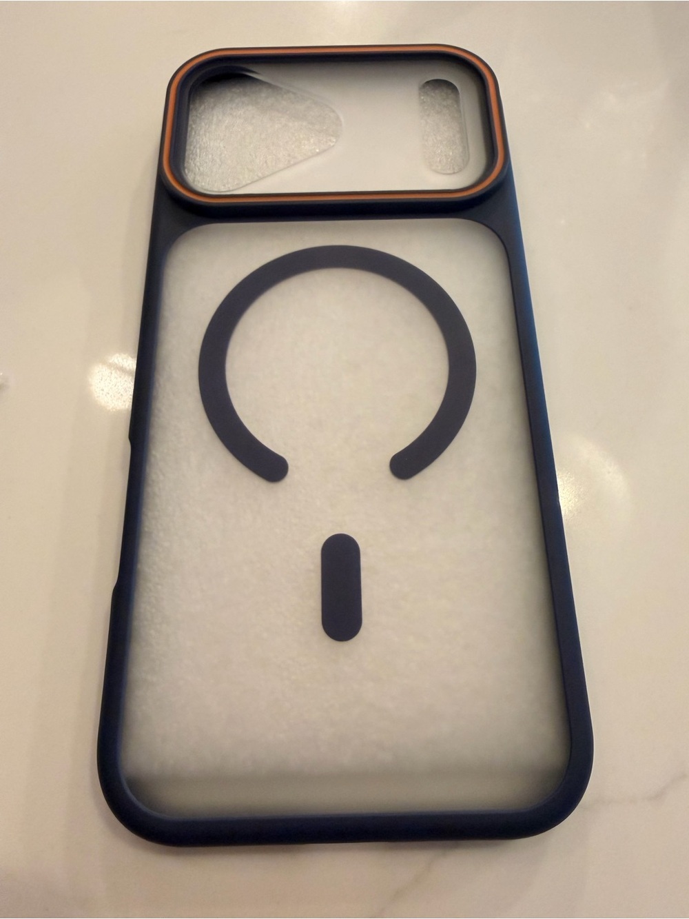 17 Pro Max MagSafe Compatible Navy Blue Phone Case with orange Camera trim